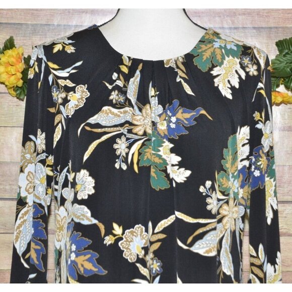 Liz Claiborne Career Ladies Black Floral Pleated Blouse Top Size M Long Sleeves - Picture 2 of 10